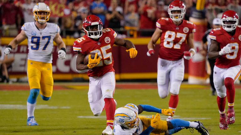 The Kansas City Chiefs running back Clyde Edwards-Hilaire breaks free for the best 52-yard gain against the Los Angeles Chargers. 