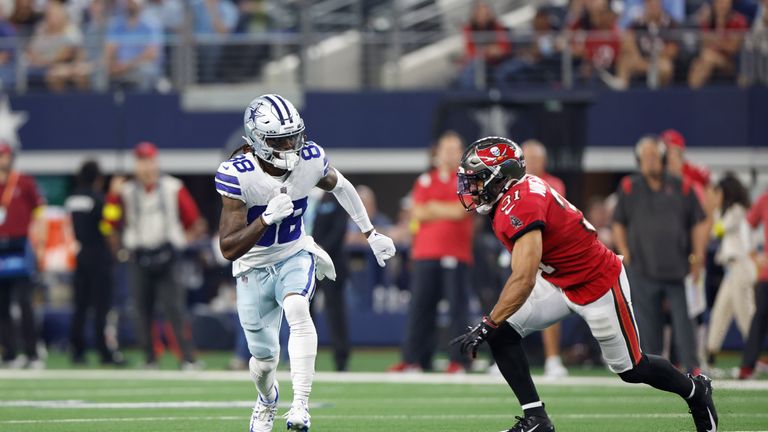 Dallas Cowboys wide receiver CeeDee Lamb runs a pass route against Antoine Winfield Jr. during an NFL football game against the Tampa Bay Buccaneers on Sunday, September 11, 2022, in Arlington, Texas.