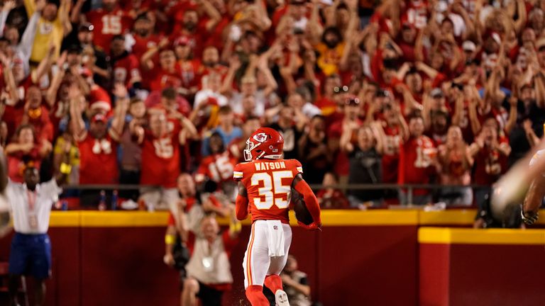 Kansas City Chiefs cornerback Jaylen Watson intercepts a pass from Los Angeles Chargers quarterback Justin Herbert and returns him for a 99-yard touchdown.