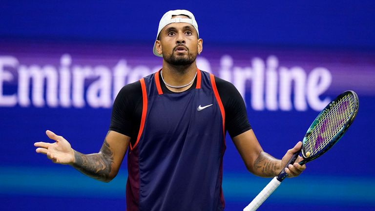 Nick Kyrgios, of Australia, reacts as he plays Karen Khachanov, of Russia, during the quarterfinals of the U.S. Open tennis championships, Tuesday, Sept. 6, 2022, in New York. (AP Photo/Charles Krupa)