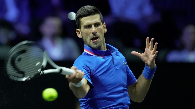 Team Europe's Novak Djokovic plays a return to Team Wold's Felix Auger-Allassime during their singles tennis match on third day of the Laver Cup tennis tournament at the O2 arena in London, Sunday, Sept. 25, 2022. (AP Photo/Kin Cheung)