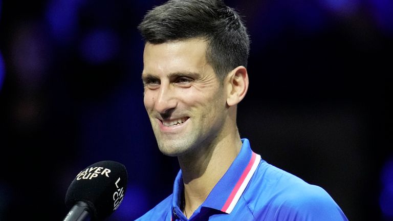 Team Europe&#39;s Novak Djokovic, speaks after winning a match against Team World&#39;s Frances Tiafoe on second day of the Laver Cup tennis tournament at the O2 in London, Saturday, Sept. 24, 2022. (AP Photo/Kin Cheung) 