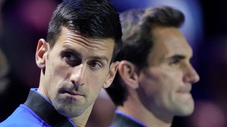 Team Europe's Novak Djokovic and Roger Federer line up on second day of the Laver Cup tennis tournament at the O2 in London, Saturday, Sept. 24, 2022. (AP Photo/Kin Cheung)