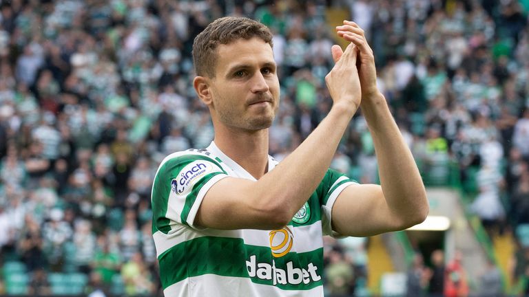 New Celtic signing Oliver Abildgaard is presented to fans at half time