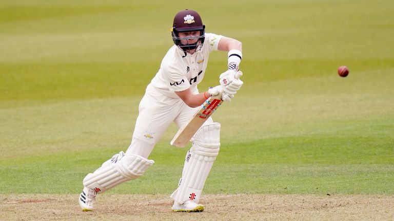 Surrey&#39;s Ollie Pope during day two of the LV= Insurance County Championship match at the Kia Oval, London. Picture date: Friday April 30, 2021.