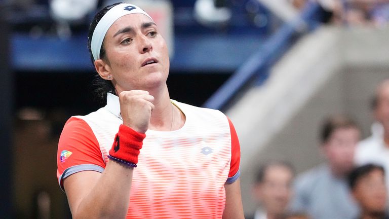 Ons Jabeur reacts during a women's singles quarterfinal match at the 2022 US Open, Tuesday, Sep. 6, 2022 in Flushing, NY. (Garrett Ellwood/USTA via AP)