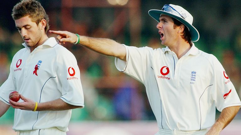 England captain Michael Vaughan, right, gestures as he shouts at teammate Liam Plunkett, left, during day three of the third and final test match at Gaddafi Stadium in Lahore, Pakistan on Thursday, December 1, 2005. (AP Photo/KM Chaudhry)