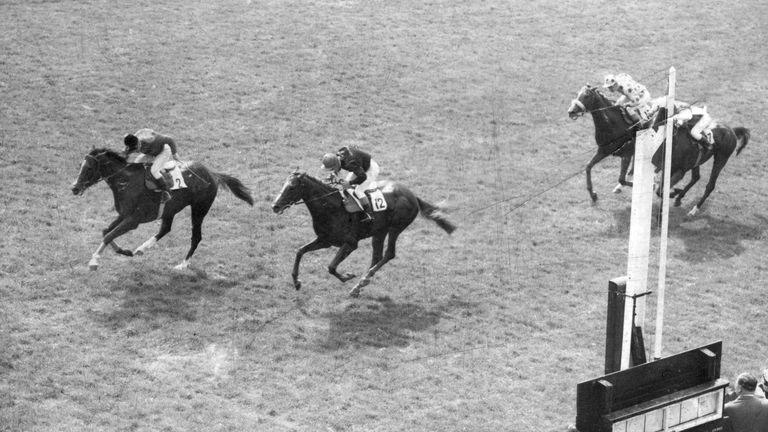 Pall Mall, ridden by Doug Smith, wins the 2,000 Guineas at Newmarket in 1958