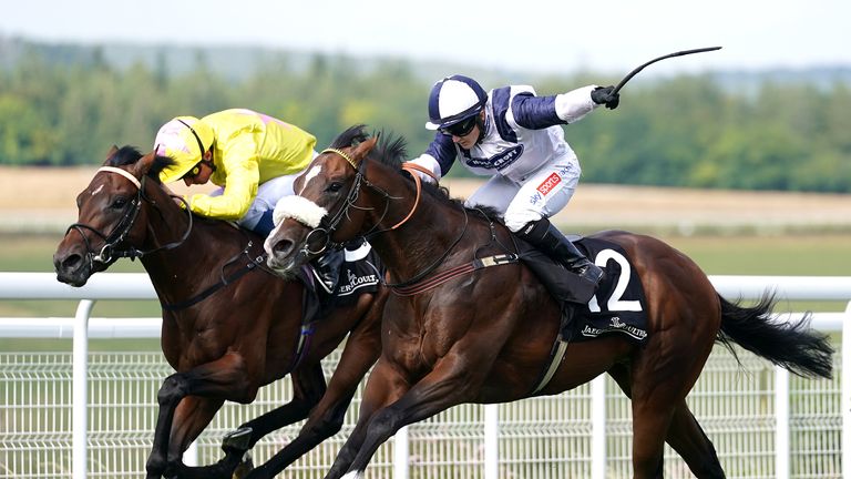 XJ Rascal, far side, chases home Prairie Falcon at the Goodwood Festival