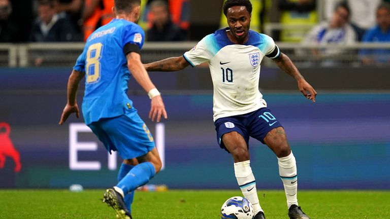 Raheem Sterling tries to get past Chelsea team-mate Jorginho during England's Nations League meeting with Italy at the San Siro