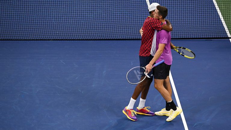 Rajeev Ram and Joe Salisbury during the Men's Doubles Quarterfinals at the 2022 US Open, Tuesday, September 6, 2022 in Flushing, NY.  (Andrew Ong / USTA via AP)