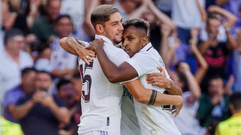 Real Madrid&#39;s Rodrygo celebrates as his side beat Real Betis