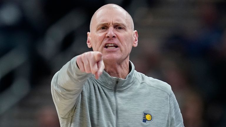 Indiana Pacers head coach Rick Carlisle argues a call during the second half of an NBA basketball game against the Atlanta Hawks, Monday, March 28, 2022, in Indianapolis.  (AP Photo/Darron Cummings) 