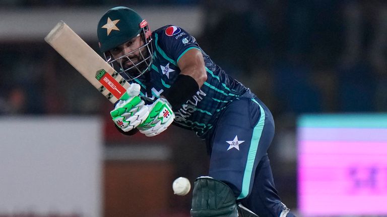 Pakistan's Mohammad Rizwan plays a shot during the second T20 cricket match between Pakistan and England, in Karachi, Pakistan, Thursday, Sept. 22, 2022. (AP Photo/Anjum Naveed)
