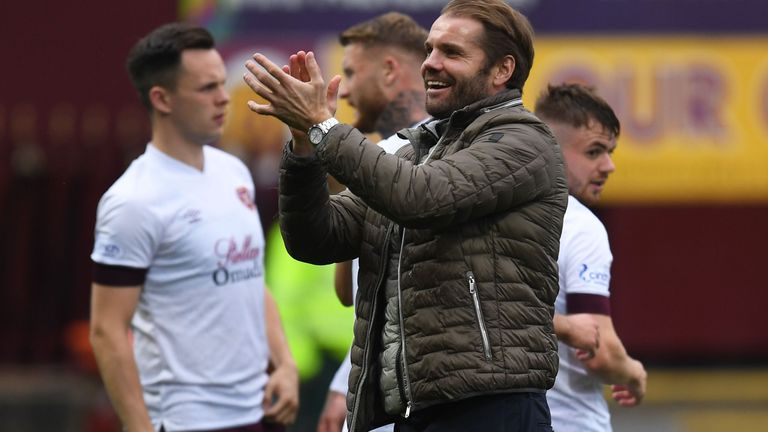 MOTHERWELL, SCOTLAND - SEPTEMBER 18: Hearts Robbie Neilson applauds the fans at full time during a cinch Premiership match between Motherwell and Heart of Midlothian at Fir Park, on September 18, 2022, in Motherwell, Scotland.  (Photo by Ross MacDonald / SNS Group)