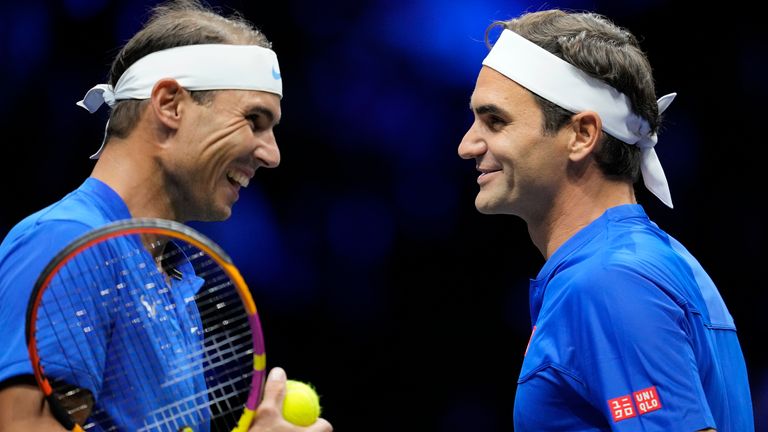 Roger Federer (right) and Rafael Nadal of Team Europe react during their Laver Cup doubles match against Jack Sock and Frances Tiafoe of Team World at the O2 Arena in London, Friday, September 23, 2022. (AP Photo/Kin Cheung)