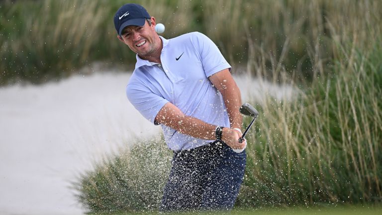 Rory McIlroy of Northern Ireland plays his approach shot on the 10th hole on Day Three of the DS Automobiles Italian Open 2022 at Marco Simone Golf Club on September 17, 2022 in Rome, Italy. (Photo by Stuart Franklin/Getty Images)