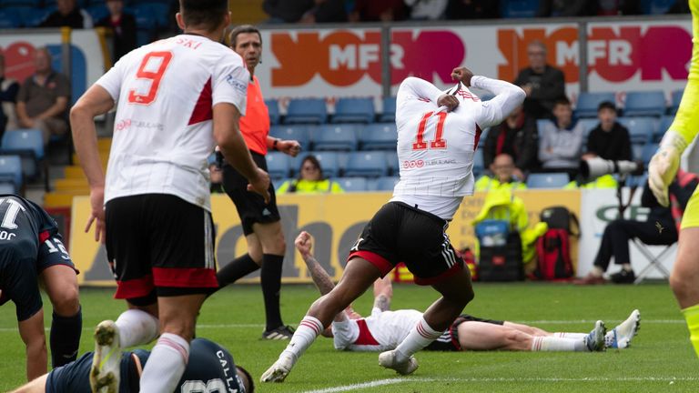DINGWALL, SCOTLAND - SEPTEMBER 03: Aberdeen&#39;s Luis Lopes celebrates after scoring to make it 1-0 during a cinch Premiership match between Ross County and Aberdeen at the Global Energy Stadium, on September 03, 2022, in Dingwall, Scotland. (Photo by Mark Scates / SNS Group)