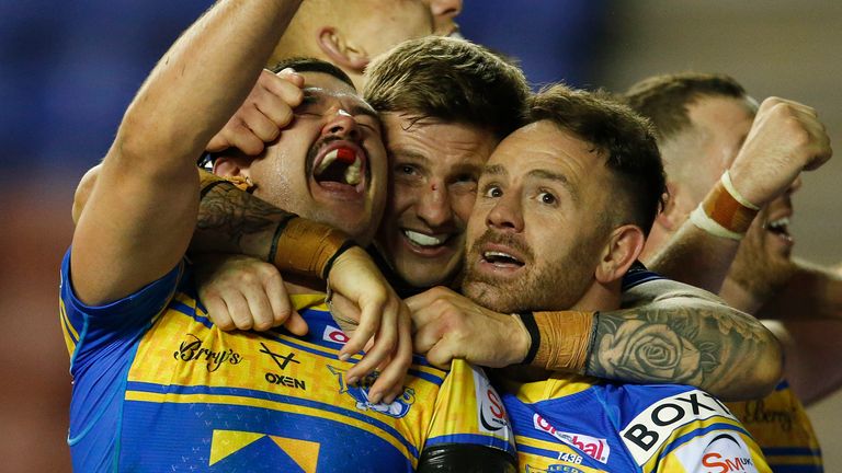 Picture by Ed Sykes/SWpix.com - 16/09/2022 - Rugby League - Betfred Super League Semi Final - Wigan Warriors v Leeds Rhinos - DW Stadium, Wigan, England - Leeds Rhinos' James Bentley celebrates scoring their third try