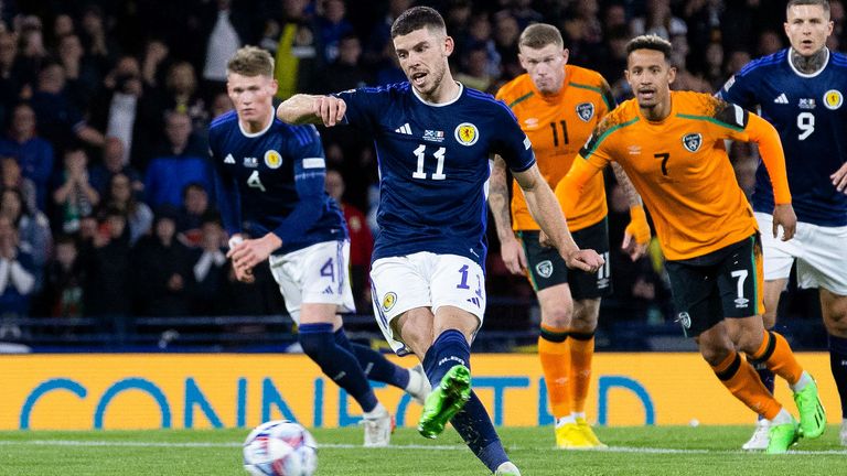 GLASGOW, SCOTLAND -SEPTEMBER 24: Scotland's Ryan Christie converts a penalty to make it 2-1 during a UEFA Nations League match between Scotland and Republic of Ireland at Hampden Park, on September 24, 2022, in Glasgow, Scotland.  (Photo by Alan Harvey / SNS Group)