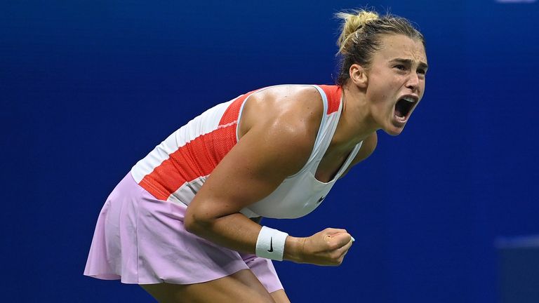 Aryna Sabalenka reacts during a women's singles match at the 2022 US Open, Monday, Sep. 5, 2022 in Flushing, NY. (Andrew Ong/USTA via AP)