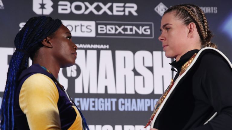 Claressa Shields and Savannah Marshall confront one another at the final press conference (Photo: Lawrence Lustig/BOXXER)