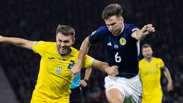 Scotland's Kieran Tierney and Ukraine's Valery Bonder during a Nations League match