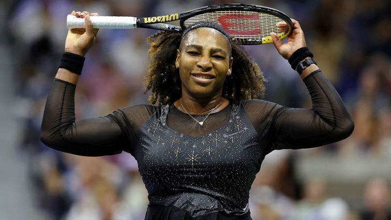 Serena Williams reacts during a women's singles match at the 2022 US Open, Friday, Sep. 2, 2022 in Flushing, NY. (Simon Bruty/USTA via AP)