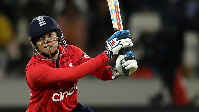 Sophia Dunkley hits out during England's innings against India in the first T20 international against India at Riverside, Chester-le-Street