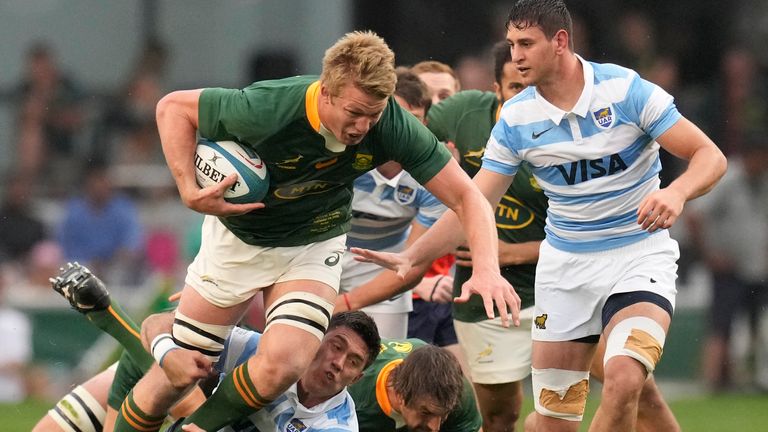 South Africa's Pieter-Steph du Toit is tackled by Argentina's Matias Alemanno (AP Photo/Themba Hadebe)