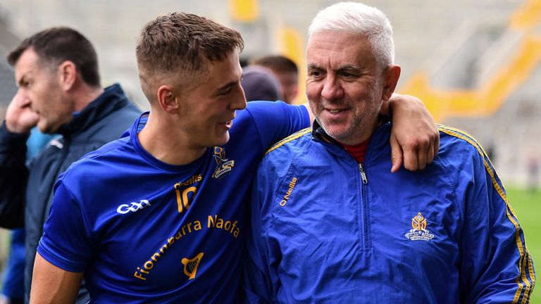 25 September 2022; St Finbarr's manager Ger Cunningham, right, and his son Ben Cunningham of St Finbarr's after their side's victory in the Cork County Premier Senior Club Hurling Championship Semi-Final match between St Finbarr's and Newtownshandrum at P..irc Ui Chaoimh in Cork. Photo by Sam Barnes/Sportsfile