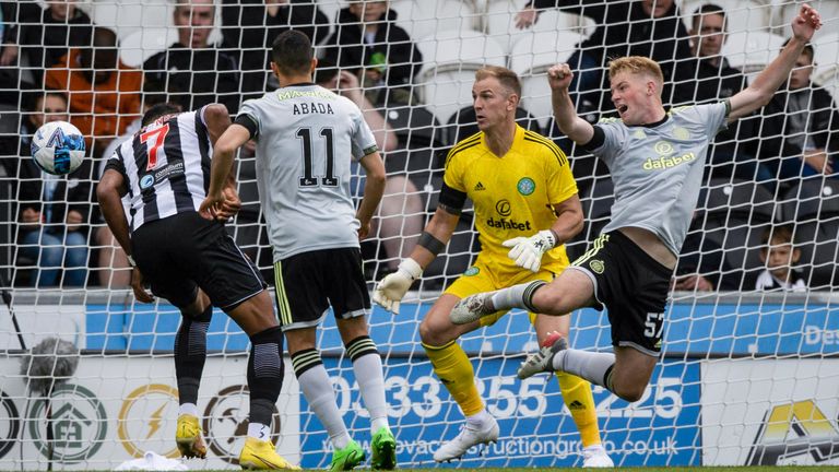 St Mirren's Jonah Ayunga (L) scores to make it 2-0 against Celtic