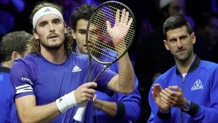 Team Europe&#39;s Stefanos Tsitsipas celebrates after winning a match against Team World&#39;s Diego Schwartzman on day one of the Laver Cup tennis tournament at the O2 in London, Friday, Sept. 23, 2022. (AP Photo/Kin Cheung)
