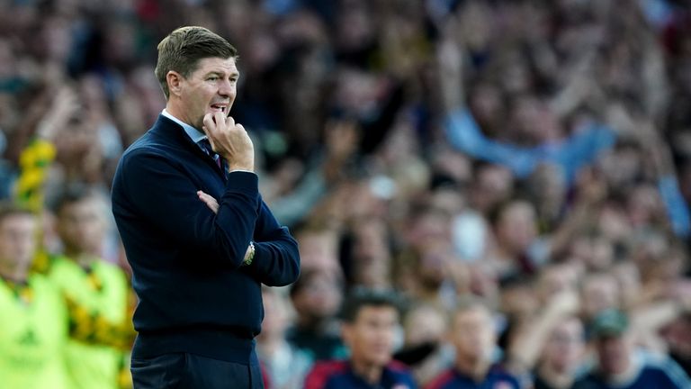 Aston Villa manager Steven Gerrard watches the game during the Premier League match at the Emirates Stadium, London.  Date taken: Wednesday, August 31, 2022.