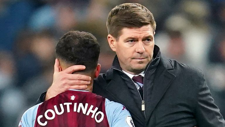Aston Villa&#39;s Philippe Coutinho and manager Steven Gerrard. Both Gerrard and Coutinho made a positive impact at Villa last term without finding a great deal of consistency. Picture date: Saturday January 15, 2022. Issue date: Wednesday July 27, 2022.