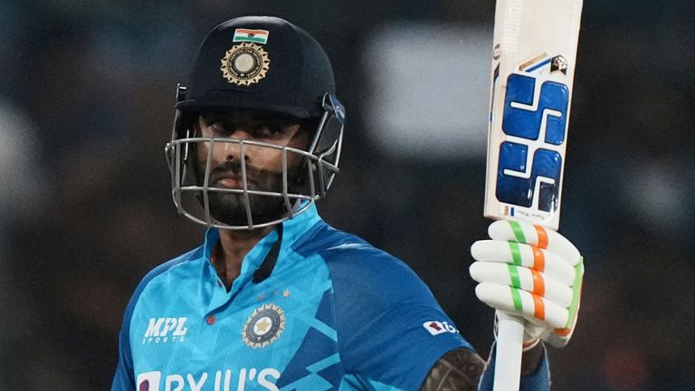 India's Suryakumar Yadav celebrates scoring fifty runs during the third T20 cricket match between India and Australia, in Hyderabad, India, Sunday, Sept. 25, 2022. (AP Photo/Mahesh Kumar A) 