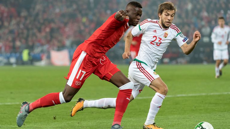 Switzerland's Dennis Zakaria (left) battles for the ball with Hungary's David Marquardt during a football match between Switzerland and Hungary in the 2018 World Cup Group B Qualifier.  Saturday, October 7, 2017.