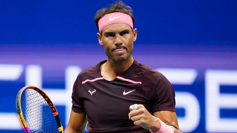 Rafael Nadal, of Spain, reacts after winning a point against Fabio Fognini, of Italy, during the second round of the U.S. Open tennis championships, Thursday, Sept. 1, 2022, in New York. (AP Photo/Frank Franklin II)