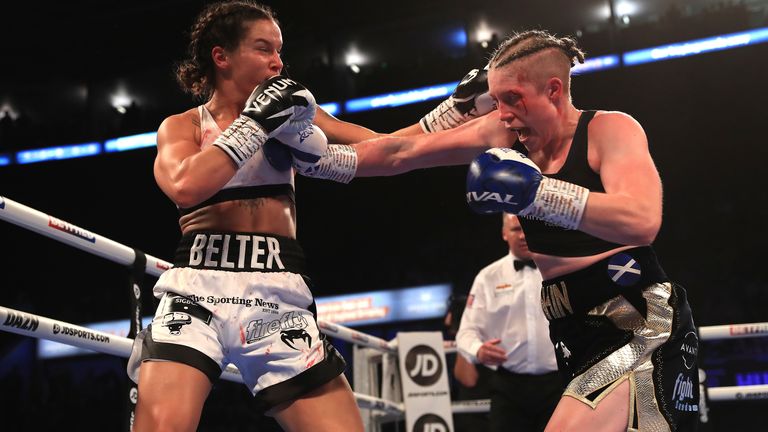 Terri Harper (left) in action against Hannah Rankin in the WBA and IBO World Super Welterweight