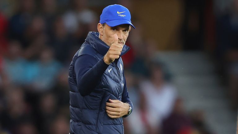 Chelsea&#39;s head coach Thomas Tuchel reacts during the English Premier League soccer match between Southampton and Chelsea at St Mary&#39;s Stadium, Southampton, England, Tuesday, Aug. 30, 2022. (AP Photo/Ian Walton)