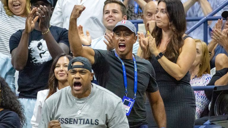 Tiger Woods reacts as Serena Williams of the United States wins the first set against Anett Kontaveit of Estonia on Arthur Ashe Stadium in the Women&#39;s Singles second round match during the US Open Tennis Championship 2022 at the USTA National Tennis Centre on August 31st 2022 in Flushing, Queens, New York City. (Photo by Tim Clayton/Corbis via Getty Images)