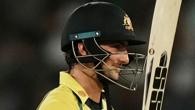 Australia's Tim David celebrates scoring fifty runs during the third T20 cricket match between India and Australia, in Hyderabad, India, Sunday, Sept. 25, 2022. (AP Photo/Mahesh Kumar A)