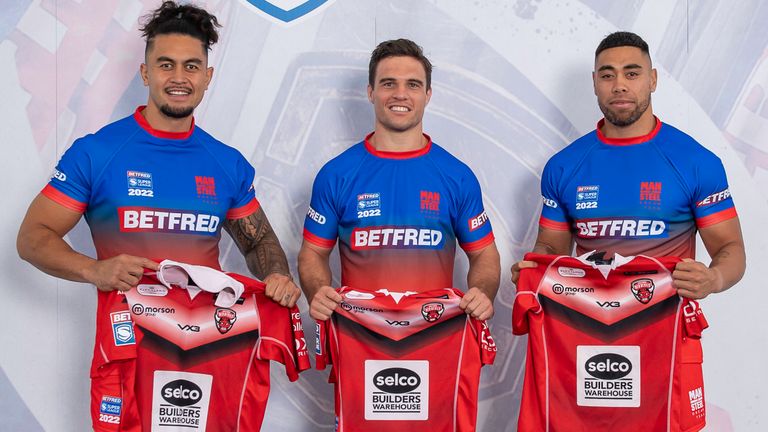 Picture by Allan McKenzie/SWpix.com - 04/09/2022 - Rugby League - Betfred Super League Dream Team 2022 - The AJ Bell Stadium, Salford, England - Salford's Tim Lefai, Brodie Croft & Ken Sio.