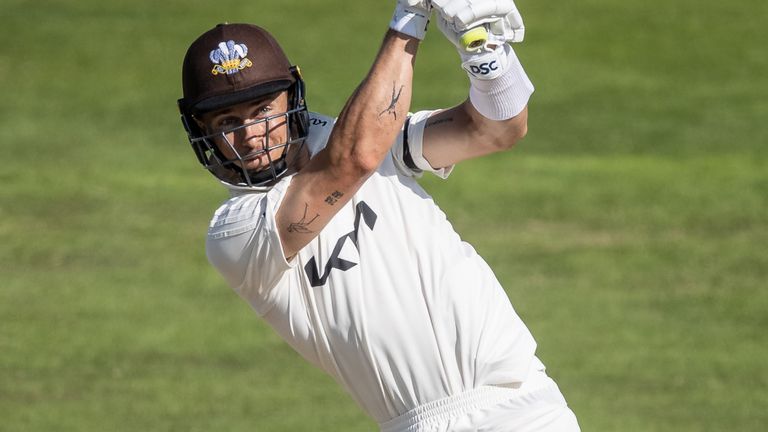 NORTHAMPTON, ENGLAND - SEPTEMBER 14: Tom Curran of Surrey hits out during the LV= Insurance County Championship match between Northamptonshire and Surrey at The County Ground on September 14, 2022 in Northampton, England. (Photo by Andy Kearns/Getty Images)