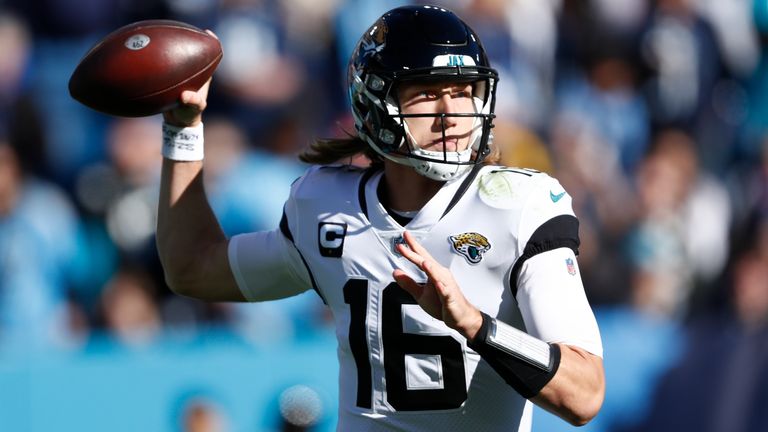 Jacksonville Jaguars quarterback Trevor Lawrence (16) passes in the pocket against the Tennessee Titans during the first half of an NFL football game, Sunday, Dec. 12, 2021, in Nashville, Tenn. (AP Photo/Wade Payne) 