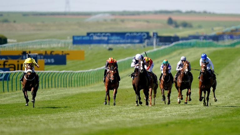 Umm Kulthum (left) comes home in front in the Listed Kilvington Stakes at Newmarket