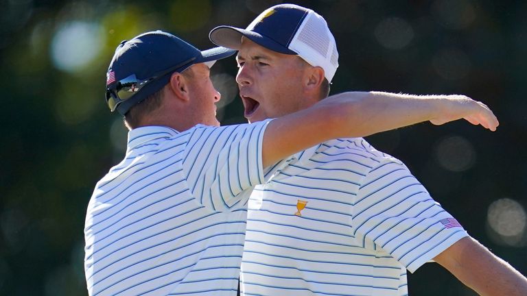 Jordan Spieth and Justin Thomas celebrate after winning their fourball match at the Presidents Cup 