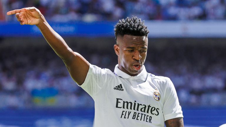 Real Madrid&#39;s Vinicius Junior celebrates after scoring the opening goal against Real Betis