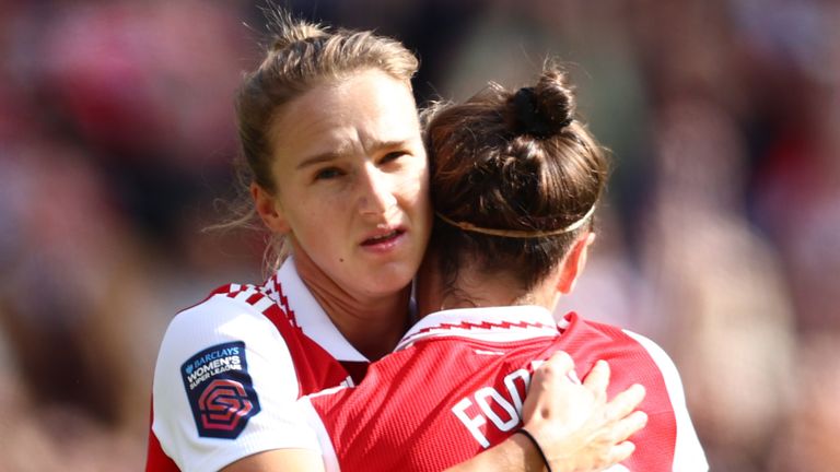 Vivianne Miedema celebrates after giving Arsenal a 2-0 lead against Tottenham