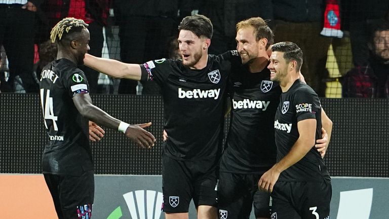 West Ham celebrate after taking the lead against Silkeborg